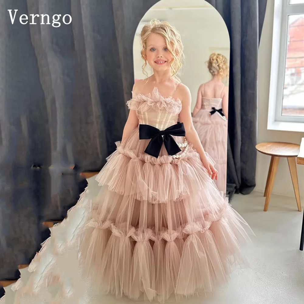 

Verngo Princess Pink Girl Birthday Party Dress Strapless Tiered Maxi Ball Gown Celebrity Flower Girl Dress Customized