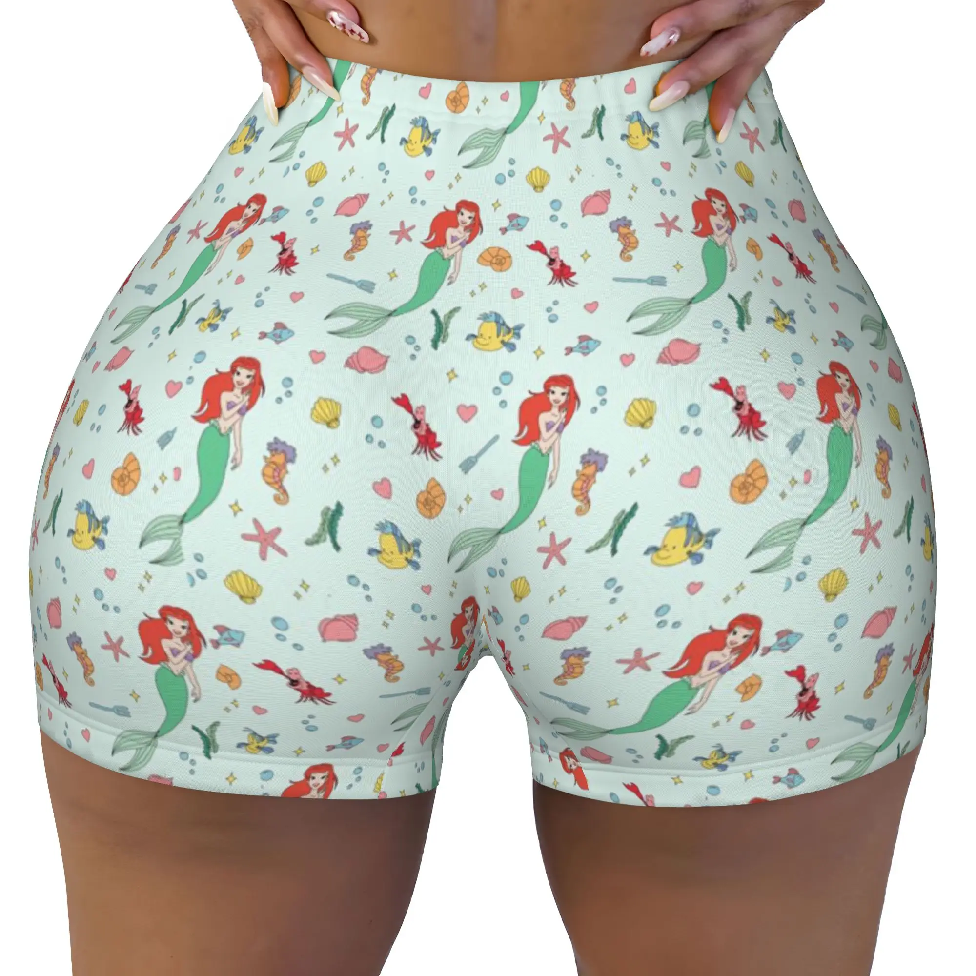 Custom Littles Anime Mermaides Volleyball Biker Workout Shorts Women's Fish Manga Athletic Gym Yoga Shorts