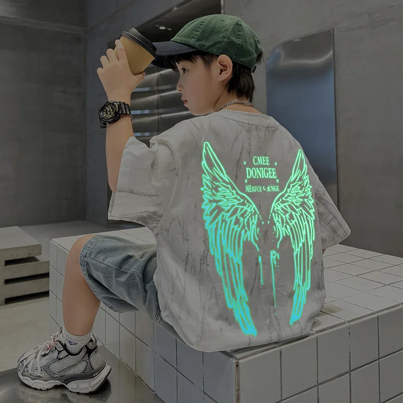 New Summer Kids Luxury Clothing Tee Tops With Angel Wing Reflective T-shirt for Tween Boys Short Sleeve Cotton Tshirt Age 5-14Y