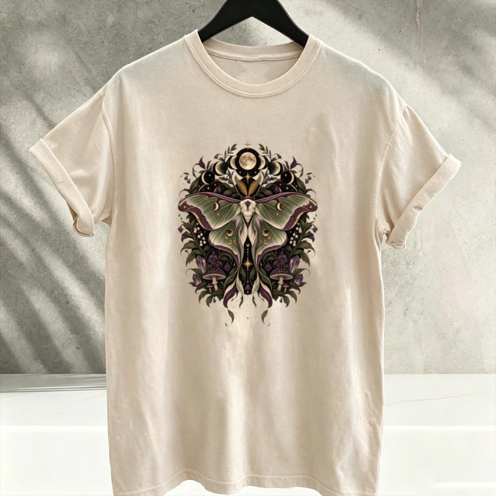 Witchcore Luna Moth Moon Phase Graphic T-Shirt | Celestial Botanical Gothic Whimsigoth Dark Cottagecore Cotton Short Sleeve Tee