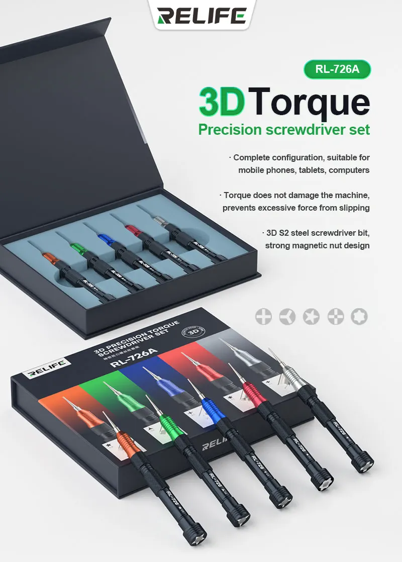 Relife RL-726A 3D Torque Precision Screwdriver Set Non-slip Handle for Mobile Phones Tablets Computers iPhone iPad Repair Tools