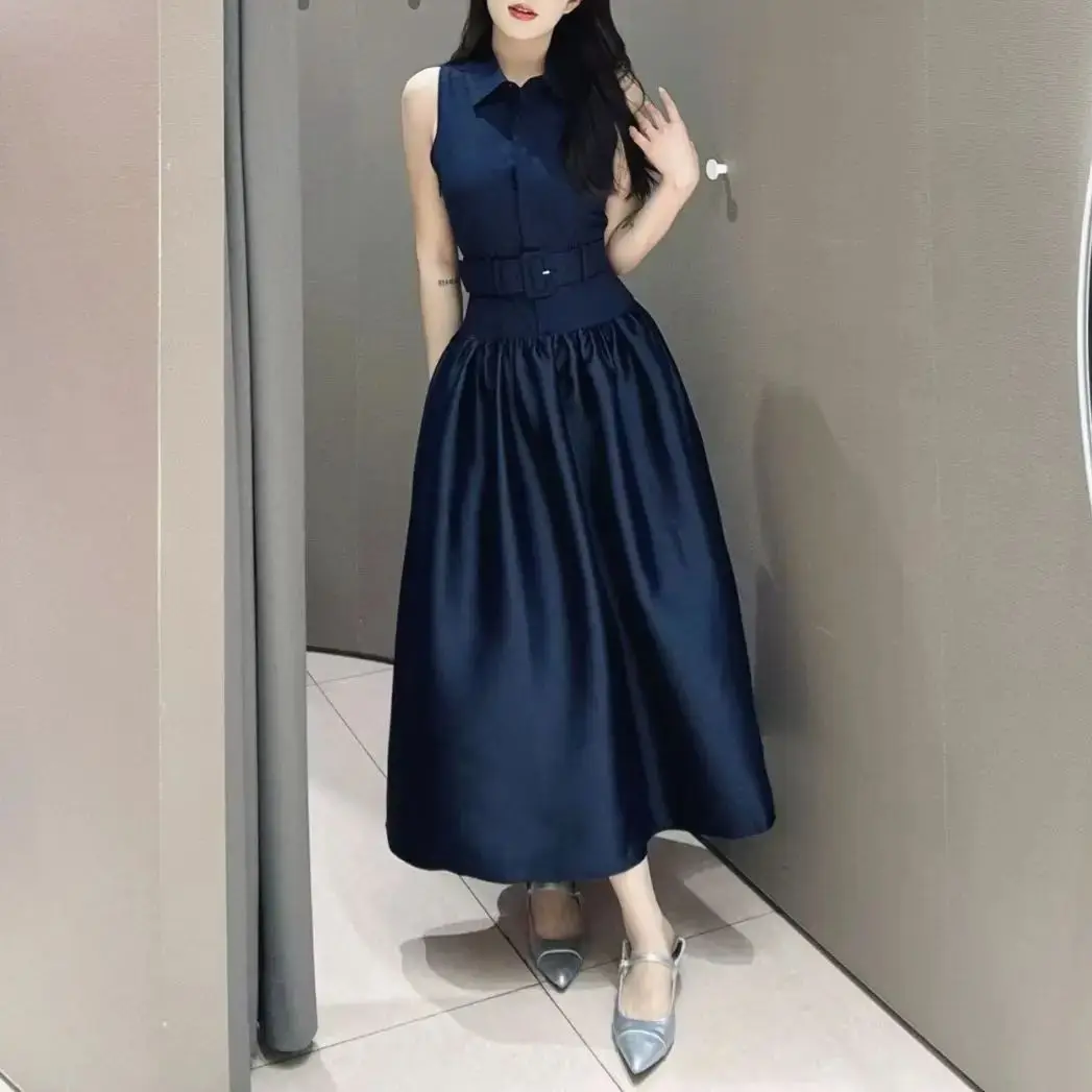 فستان نسائي ميدي بدون أكمام موضة فستان سيدة OL عالي الخصر #4