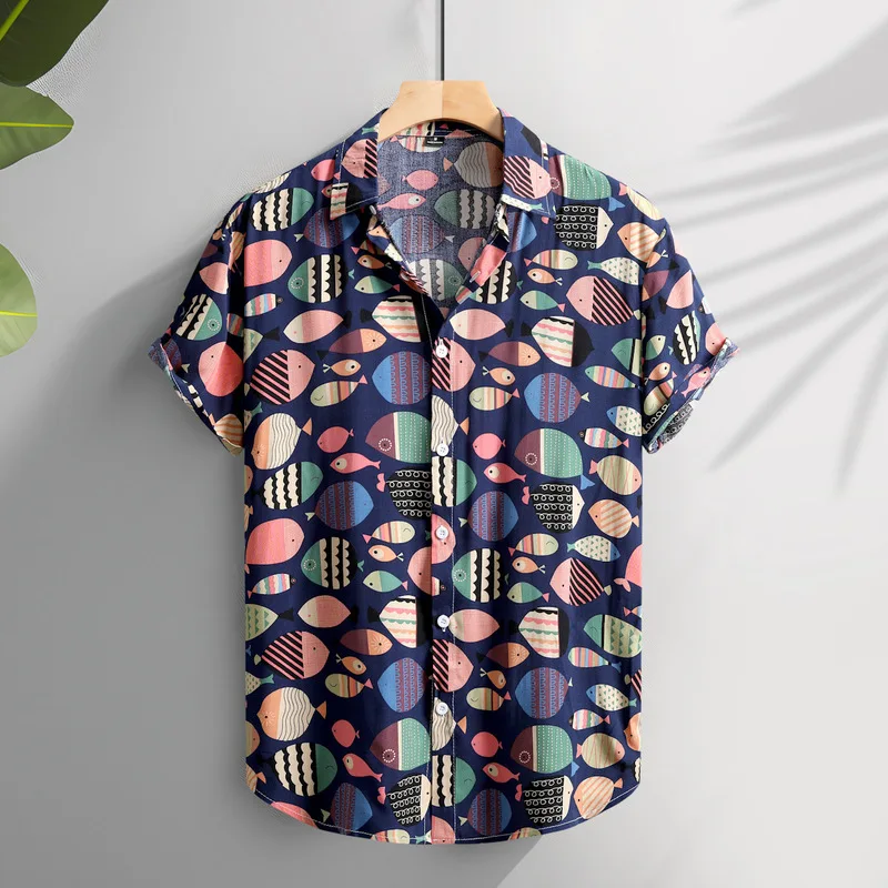 New 2025 Men's Cotton Printed Short Sleeve Shirt Comfortable Lightweight Casual Fashionable Spring Summer Clothing