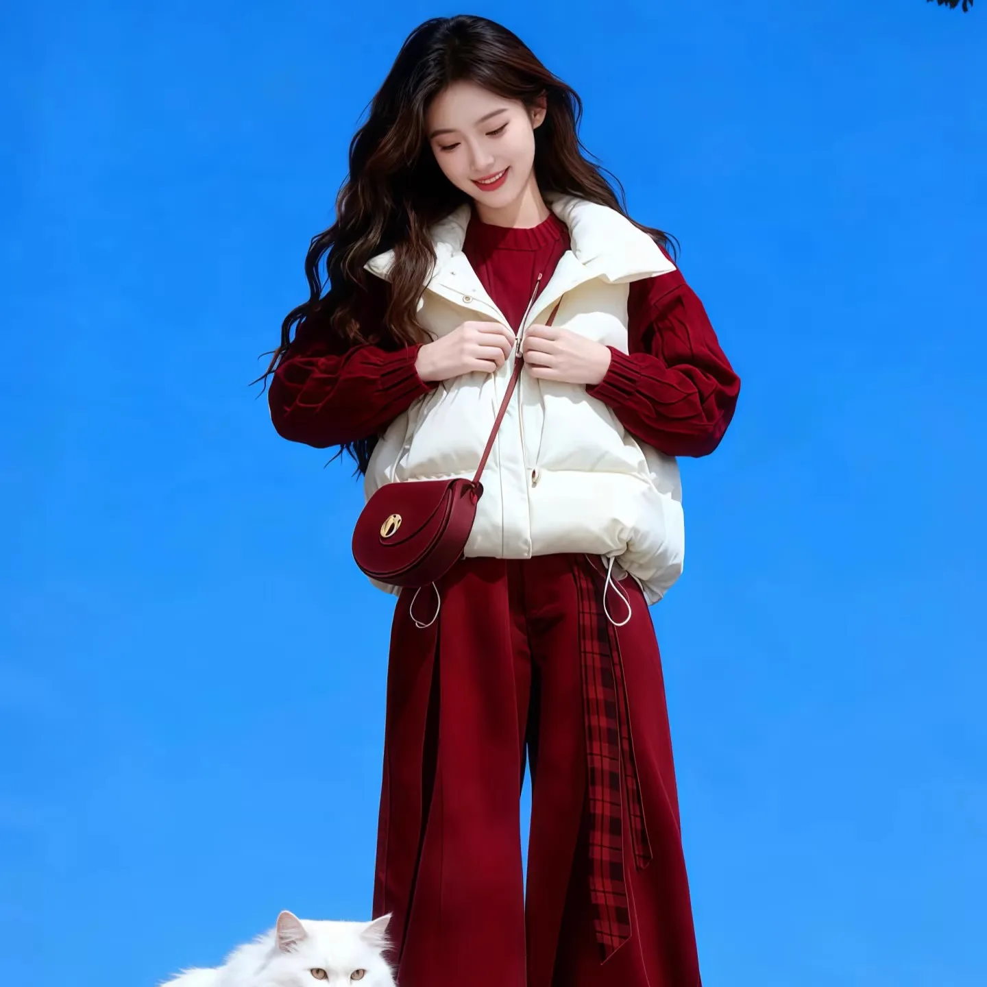 

Red Knitted Sweater Cotton Jaet Vest Casual Pants Tee Piece Set plus Size Winter Women's Faion Ensemble Cisas Sle