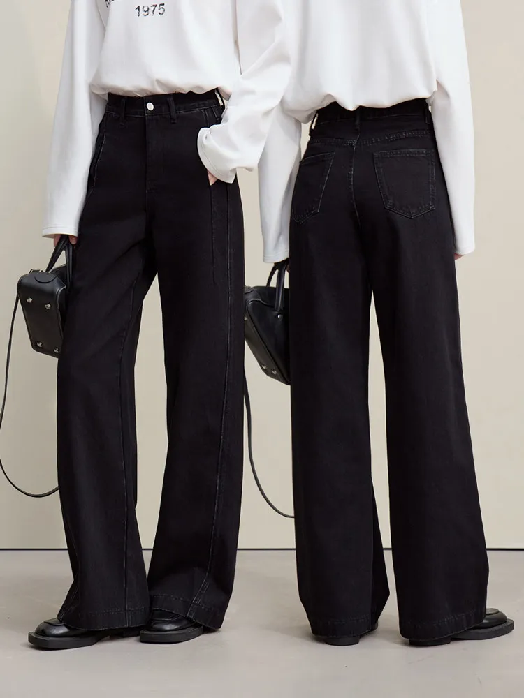Amii calças jeans 2026 primavera nova cor sólida feminina confortável algodão jeans casual versátil solto calças de perna larga 12621095