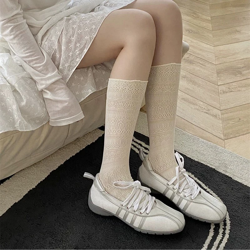 1/4 Paar Damen-Kniestrümpfe mit Spitzenbesatz, Sommer-Höhlen-Design, leicht, atmungsaktiv, weich, bequem, lässig – Detail 9