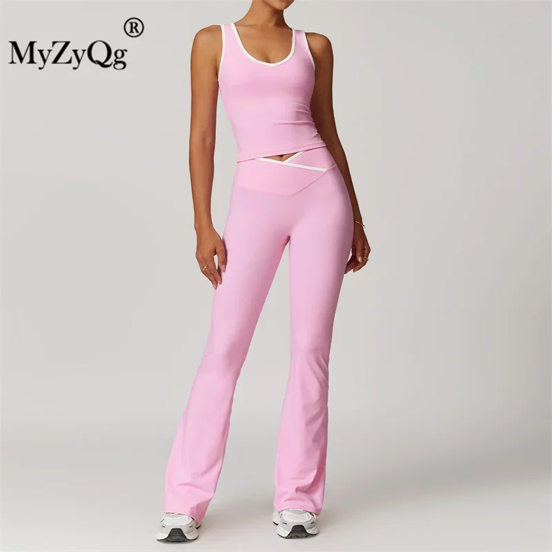 MyZyQg Crossover High Waist Exercise Yoga Vest Flared Pants Suit Women Clashing Color Backless Skinny Running Fitness Pant Set