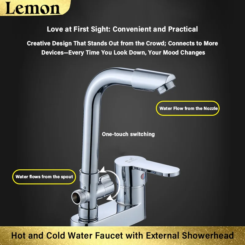 Sink Faucet for Bathroom with Showerhead, Countertop Sink, Hot and Cold Water Faucet, Dual-Hole, Dual-Purpose, External Showerhe