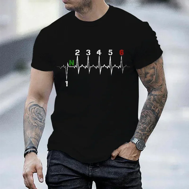 2026 New Men Brand T-shirts Motorcycle Gear Shift 1n23456 Heartbeat Ekg Pulse Print T Shirt Men Teeshirt Tshirt Short Sleeve Y2K