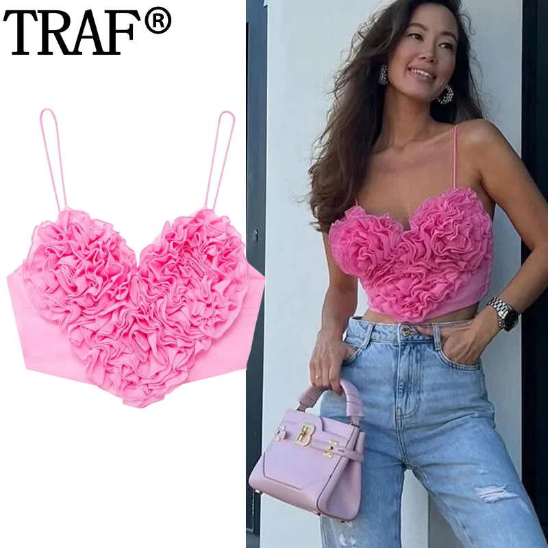 TRAF 2024 Heart Crop Top Women Sleeveless Corset Camisole Top Woman Backless Sexy Party Top Female Sweet Ruched Summer Tops