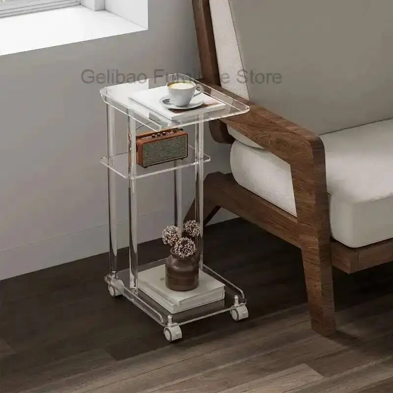 

Mobile Light Wheels Luxury with Acrylic Three-layer Living Room Furniture Transparent Side Table Bedroom Bedside Computer Table