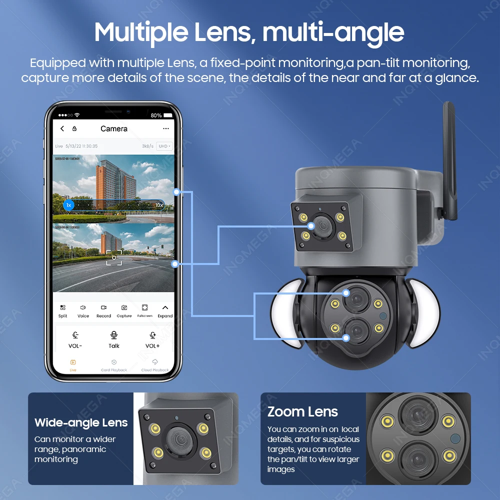 INQMEGA 8MP Binocular WIFI POE Surveillance Cameras with Night Vision 10X Zoom Wireless Outdoor 4K Camera Drone to Monitor Yard