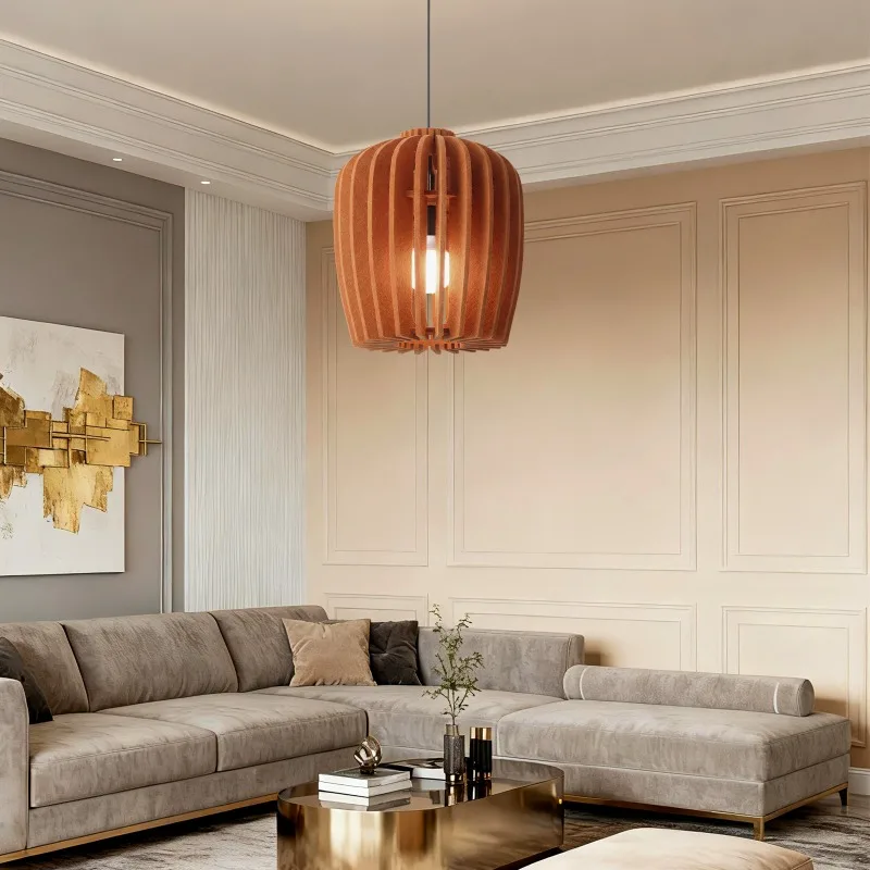 Middle Ages Style Felt Lantern Pendant Lights Creative Wooden Texture Hanging Lamp Dining Room Tea House Zen Ambience Chandelier