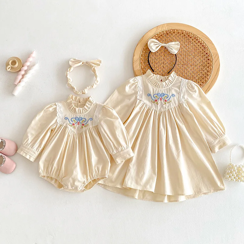 Little Sister Big Sister Outfit Baby Girl and Sister Matching Beige Princess Clothes Newborn Toddler Infant Bodysuit Kids Dress