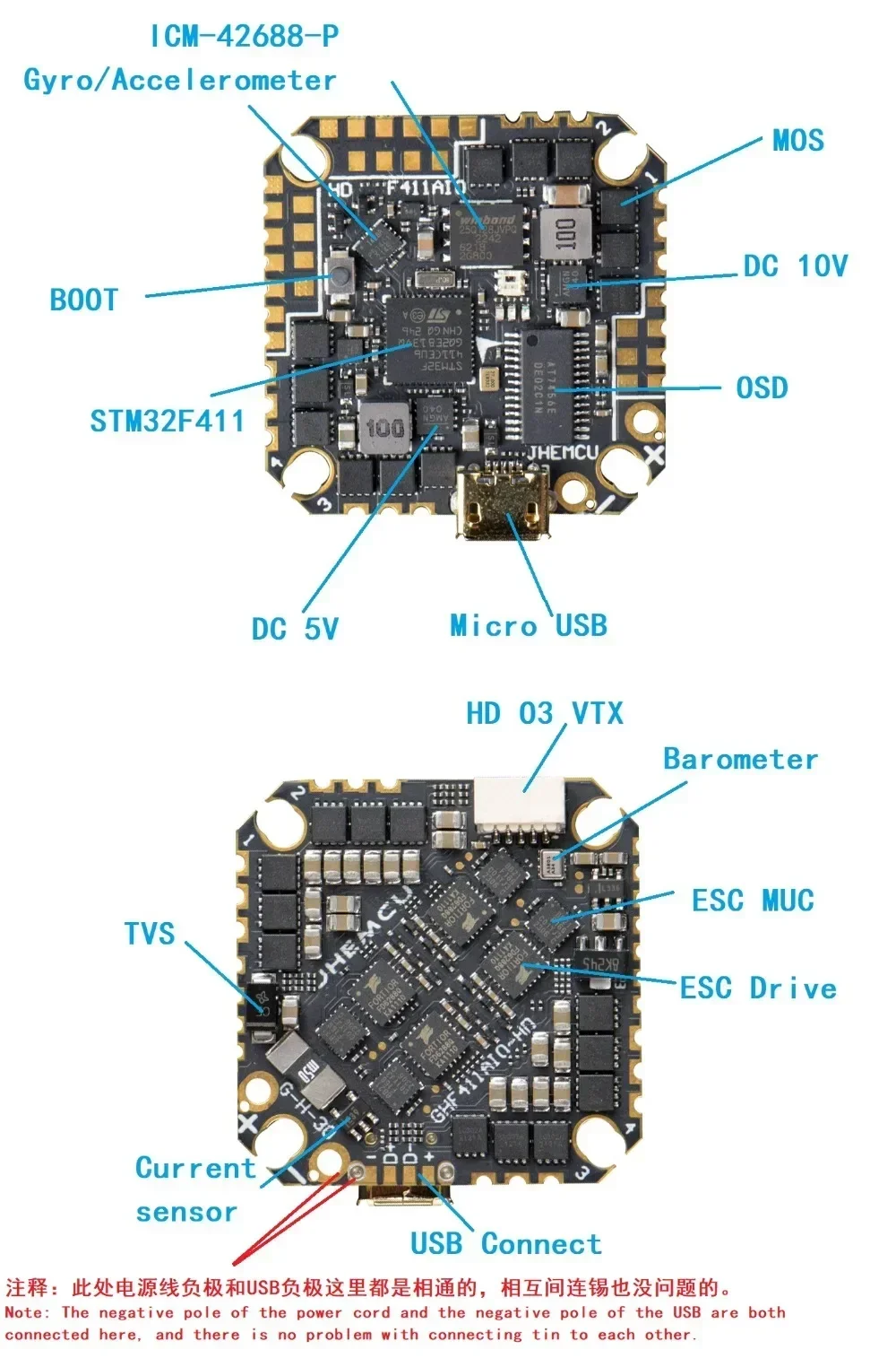 Controlador de vuelo JHEMCU GHF411AIO-HD OSD BLheli_S 40A 3-6S 4 en 1 ESC sin escobillas para palillo de dientes RC Dron de carreras con visión en primera persona