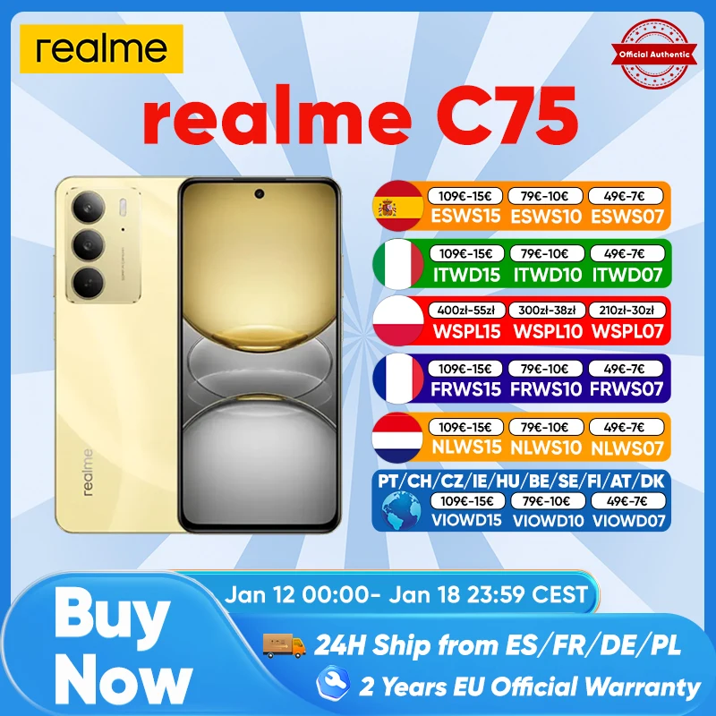 Versione globale realme C75 Smartphone MediaTek Helio G92 6.72 ''90Hz Display 6000mAh batteria 50MP fotocamera 45W ricarica rapida IP69