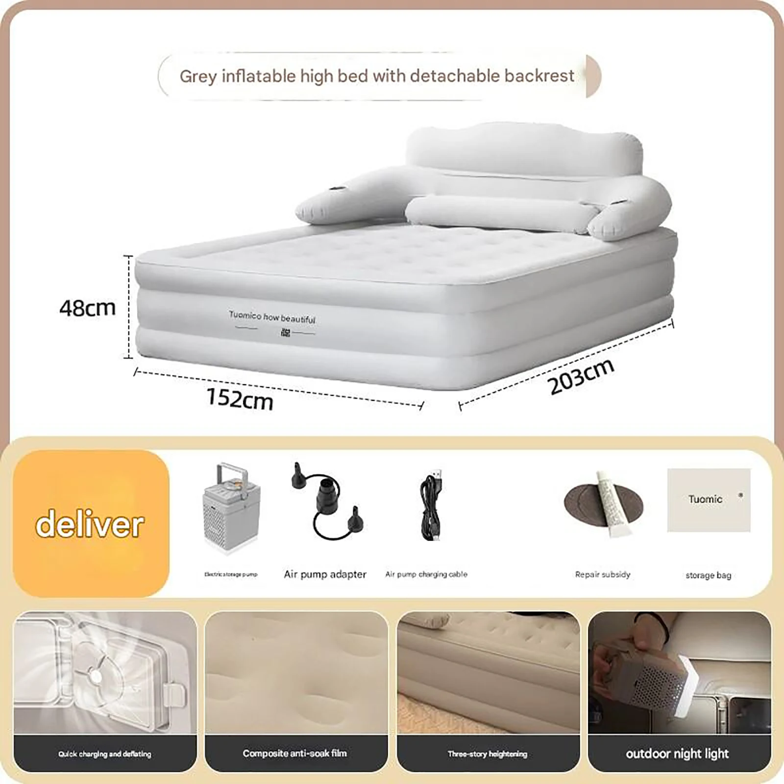 2-Personen-Campingmatratze mit integrierter/externer Pumpe, Rückenlehne, PVC, automatisch aufblasbares Luftkissen, erhöhte Höhe, verdickt, für drinnen und draußen, Büro, Freizeit, Schlafmatte, 203 cm