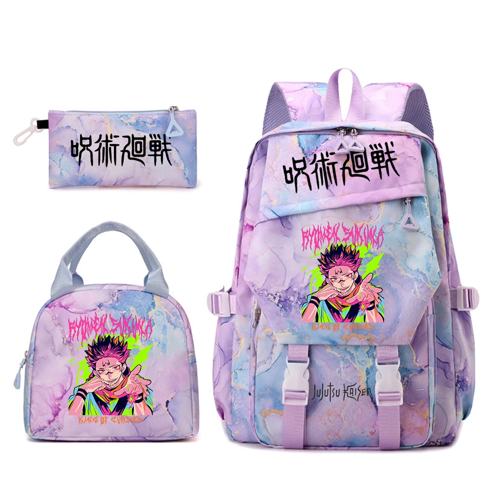 呪術廻戦プリントスクールバックパックセット-女の子用-3点セット-ブックバッグ-ランチバッグ-ペンシルケース-アニメ学生旅行用