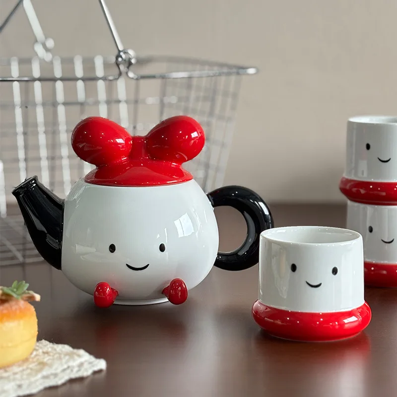 High Aesthetic Bow Ceramic Tea Set,Smile Cups & Teapot with Drain Hole Microwave Safe,for Afternoon Tea Home Drinkware