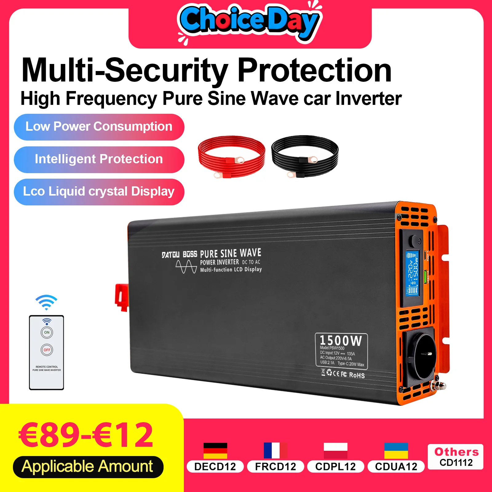 

DATOUBOSS Pure Sine Wave Car Inverter 4000W DC12V 24V 36V 48V 60V 72V to AC 220V-240V Continuous Power 2000W With LCD Inverter