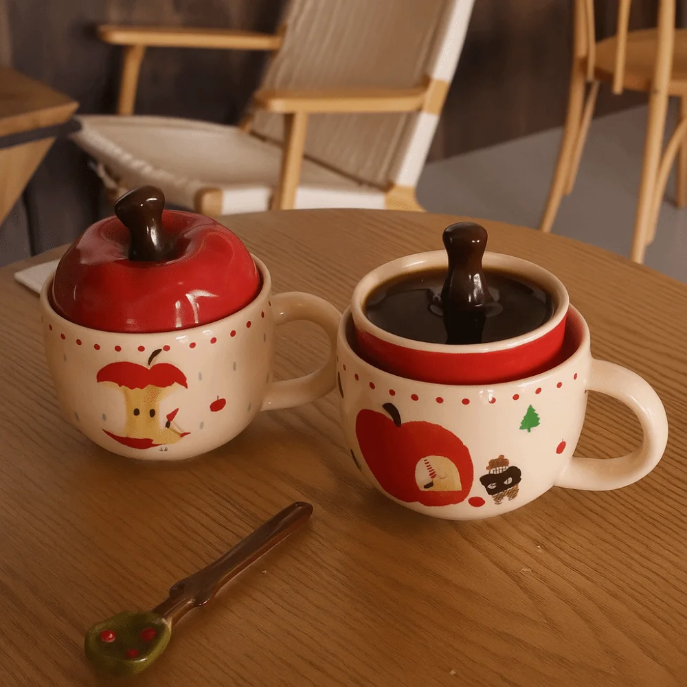 

Drinkware Ceramic Fruit Shape Mug Cartoon 420ml Coffee Mug with Lid and Spoon Couple Water Cup Gift