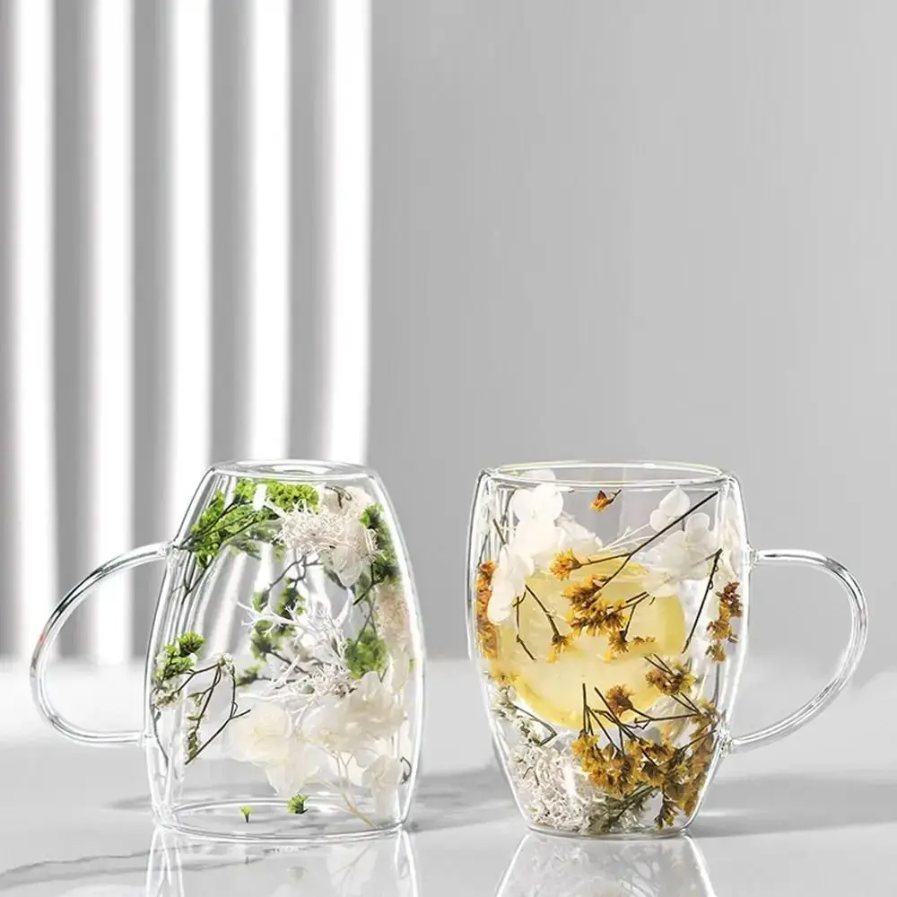 Double-layer Dried Flower Mug with Handle Anti-Scalding Clear Glass Cups Diverse Comfortable Grip Double Wall Coffee Mug