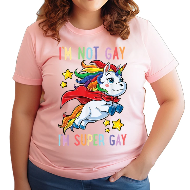 Oversized T-shirt Women I’m Not Gay I’m Super Gay Pride LGBT Flag T Unicorn T-Shirt Short Sleeve Tee Graphic Tees Gifts Lesbian