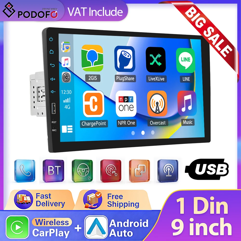 Autoradio Podofo 1 Din 9'' Écran tactile universel Multimédia automobile sans fil Android Auto Carplay Lecteur MP5 Bluetooth FM