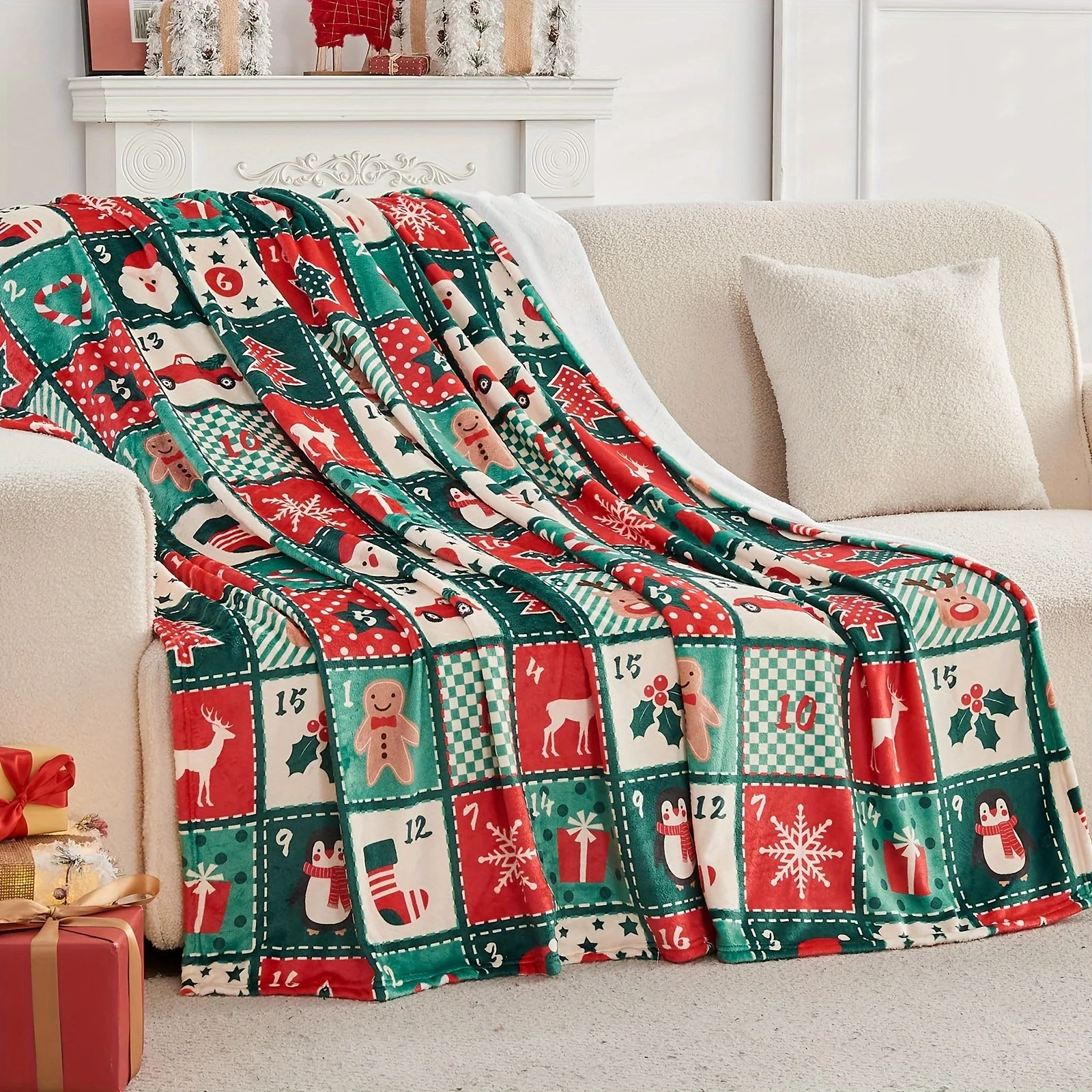 Festive Xmas Countdown Calendar Patchwork Flannel Throw Blanket,Soft Plush for Sofa Bed Travel Xmas Party Indoor Home Decoration