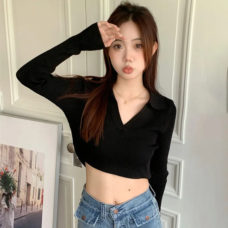 Women's Retro Lapel Slim Knitted Long Sleeve T-shirt Girly Solid Color Fashion Casual Versatile Soft Breathable Crop Top