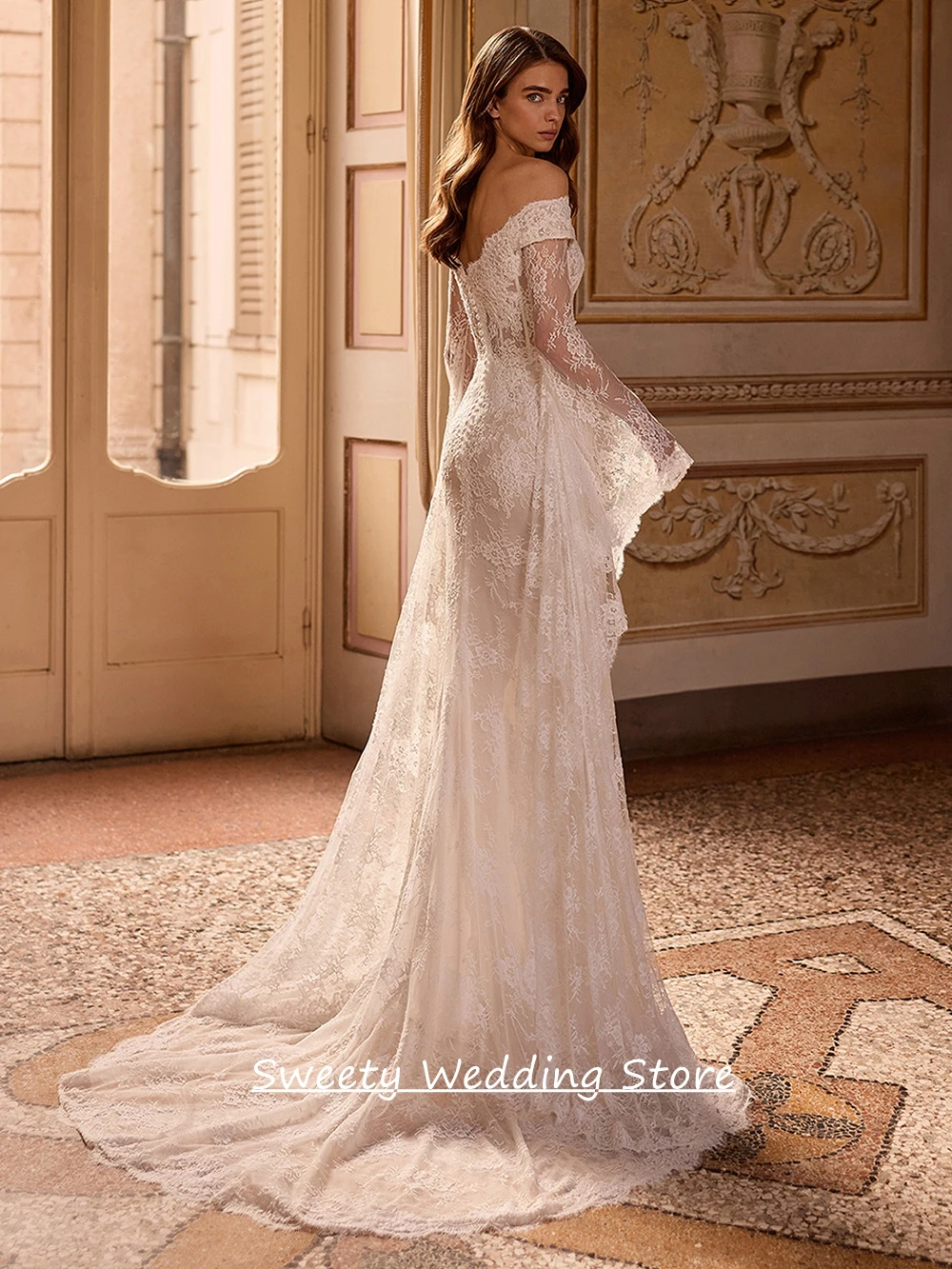 Customized Exquisite Lace Mermaid Wedding Dress Detachable Batwing Sleeves V Neck See Through Woman Bridal Gown Sweep Train