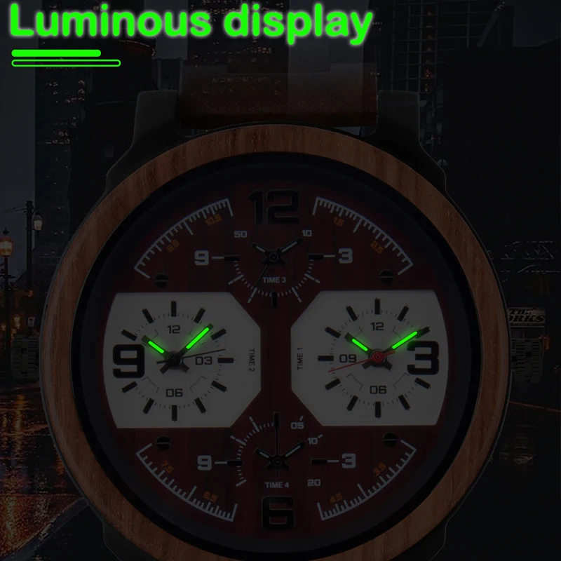 Quartz Watch Men Wooden Large Dial Dual Time Zones Luminous Wristwatch Casual Fashion Full Mood Clock 2023 New