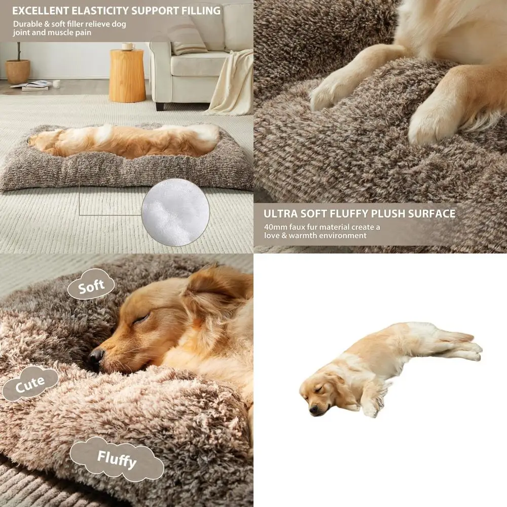 

Плюшевая уютная кровать-ящик для больших собак — пушистая, моющаяся, противоскользящая подушка для комфорта и снятия тревоги, хаки