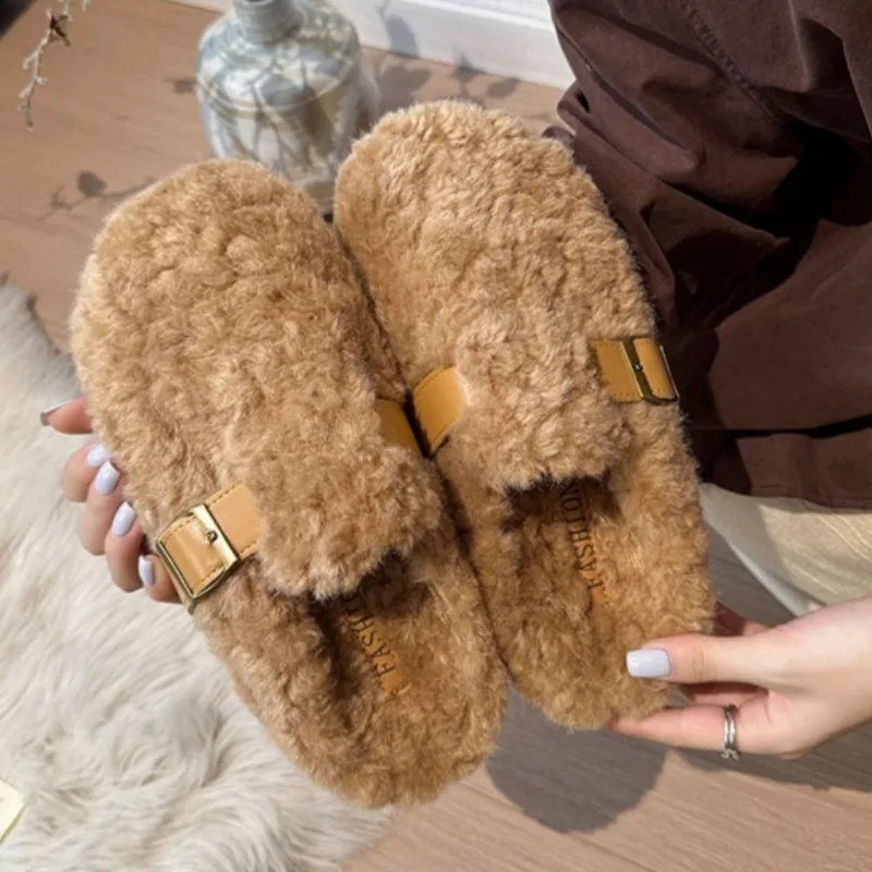 

Women's Flats Mules Shoes Fashion Fur Slippers Designer Buckle New Slingback Shoes 2025 Winter Comfort Home Zapatillas De Mujer