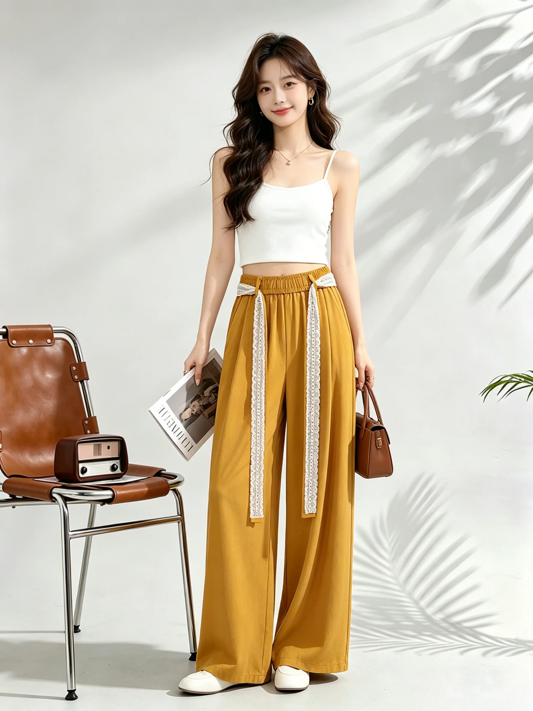 

Ladies High Waist Wide Leg Casual Pants Korean Style Lazy Fashion Lace Splicing Straight Leg Loose Feeling Summer Trousers