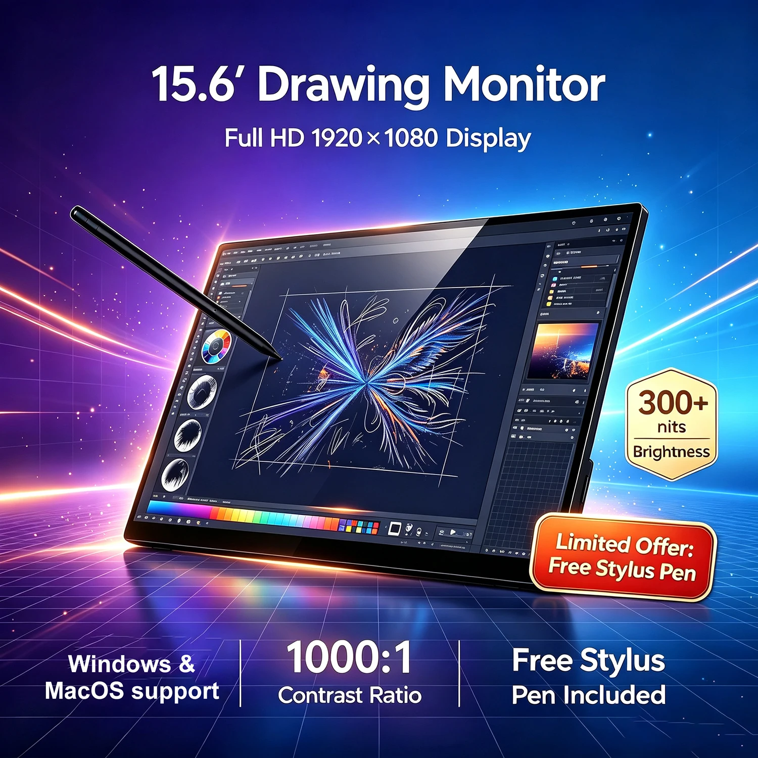 VCHANCE 15.6'' Portable Monitor with Stylus 1920x1080p 16:9 100%sRGB Game Display For Laptop Macbook Computer Phone Xbox PS4/5