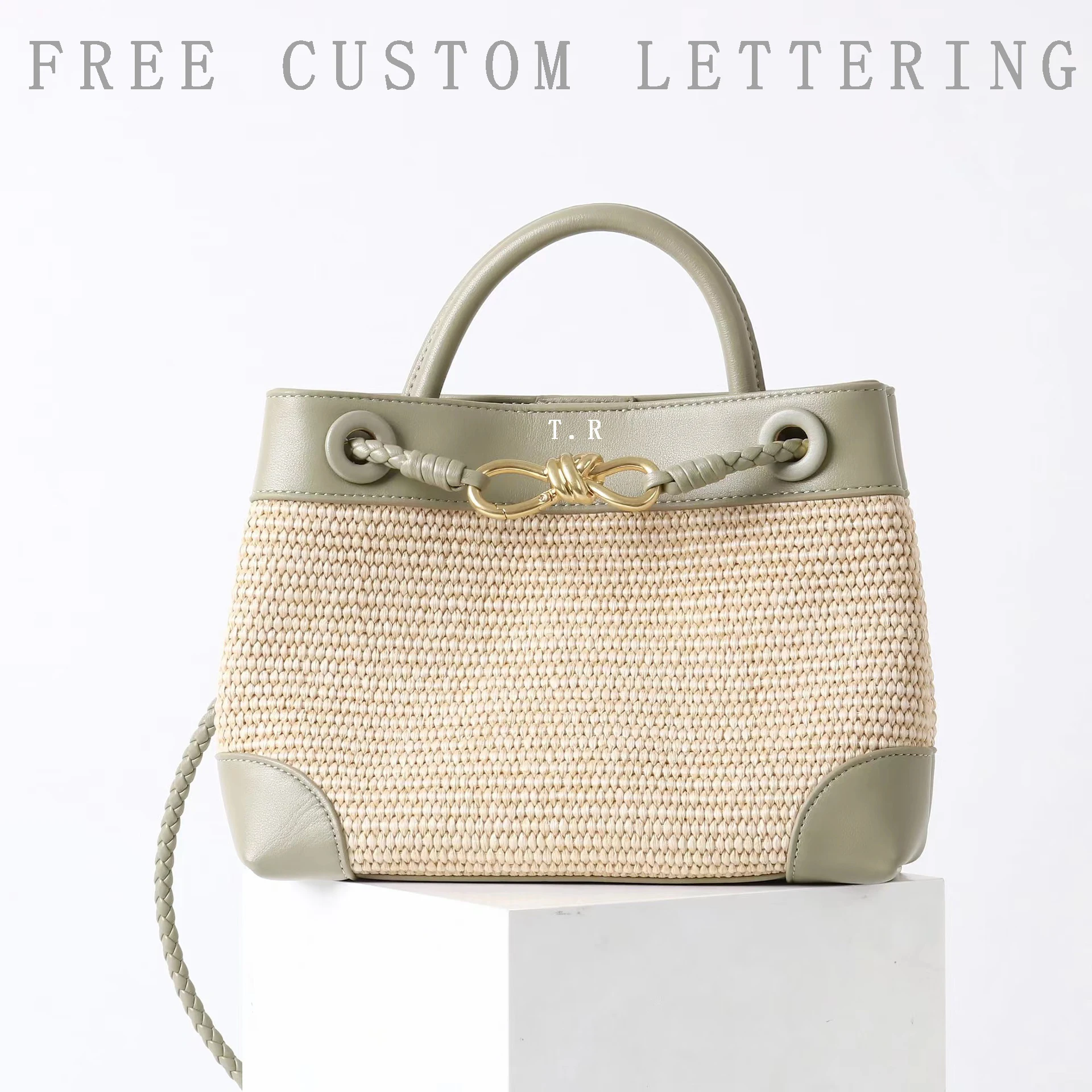

Lafite spliced ​​cowhide handbag 2025 summer new French holiday beach bag free initials fashion women one-shoulder crossbody bag