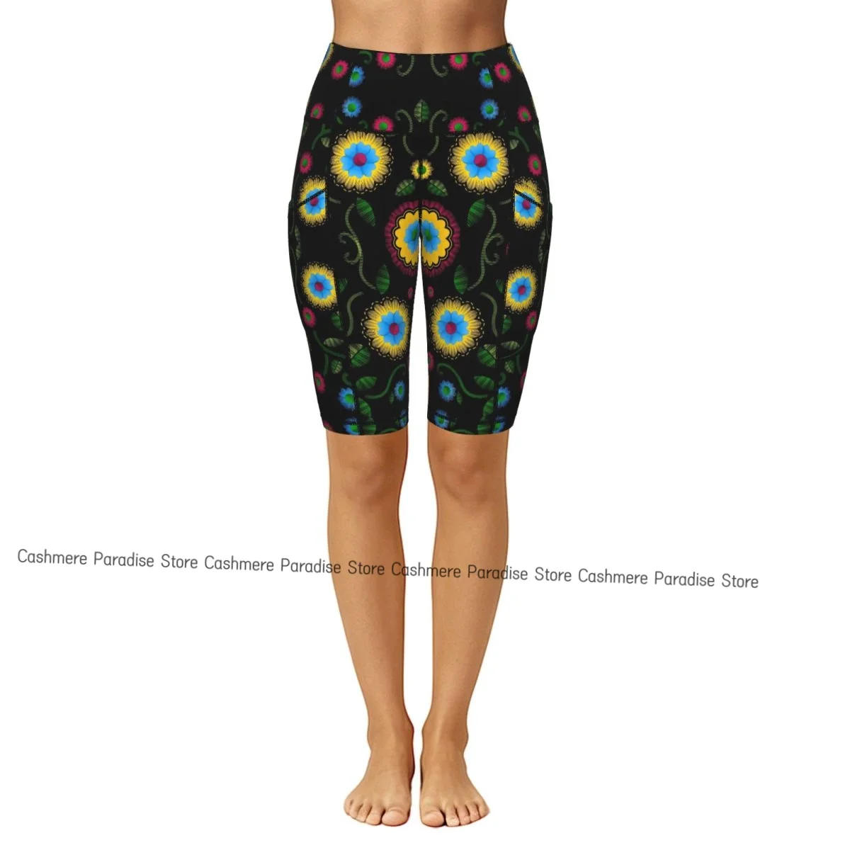 Double Pocket Sports Shorts Women Elastic Slim Bright Flowers Shorts Gym Exercise Running High Waist Yoga Fitness Shorts
