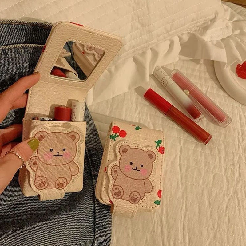 Borsa per il trucco della ragazza dell\'orso carino in pelle piccola borsa per rossetto portatile Mini custodia per cosmetici con borsa per il trucco