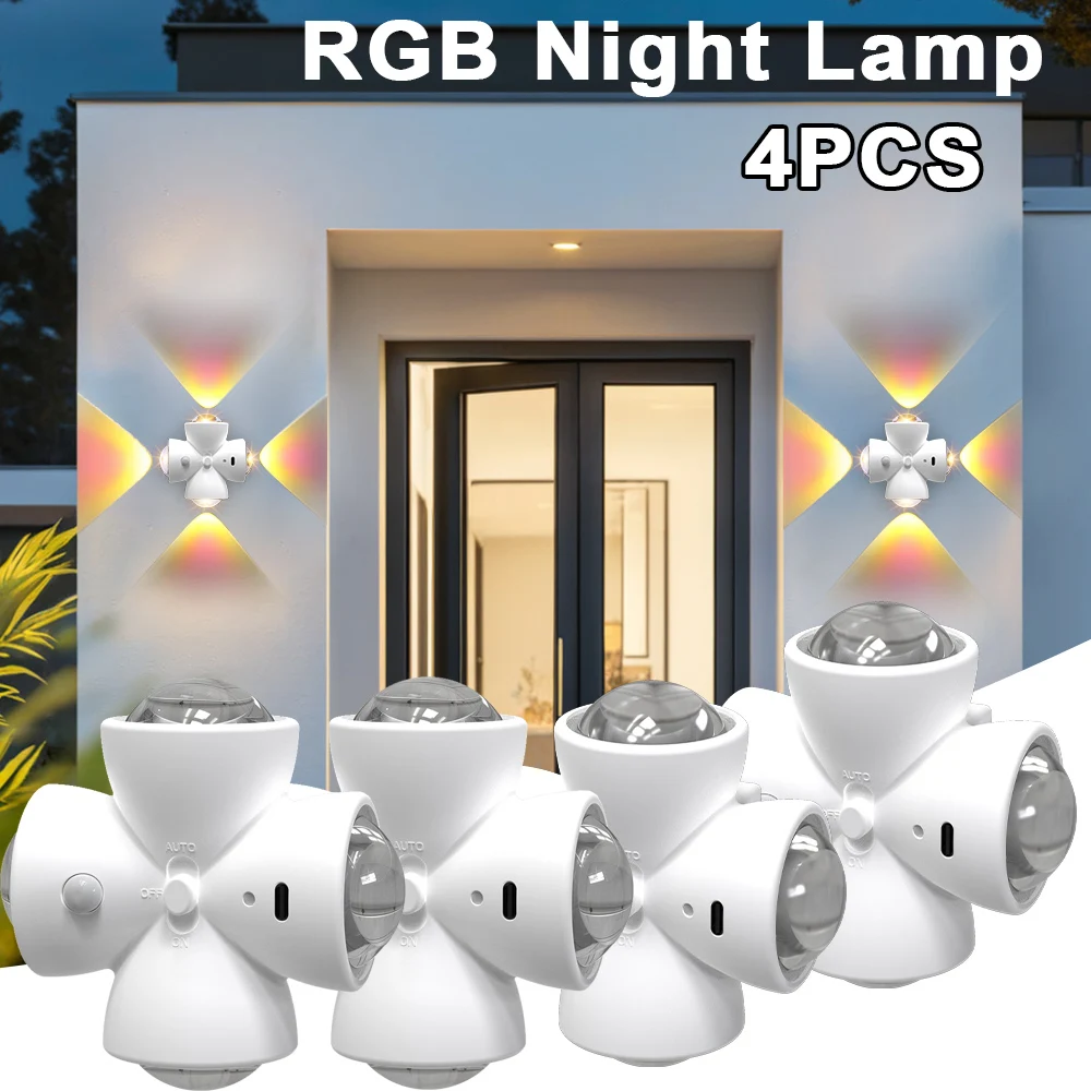 1/2/4 pièces USB rechargeable RGB LED veilleuses avec capteur de mouvement corps humain détection applique murale pour chambre escaliers couloir décor
