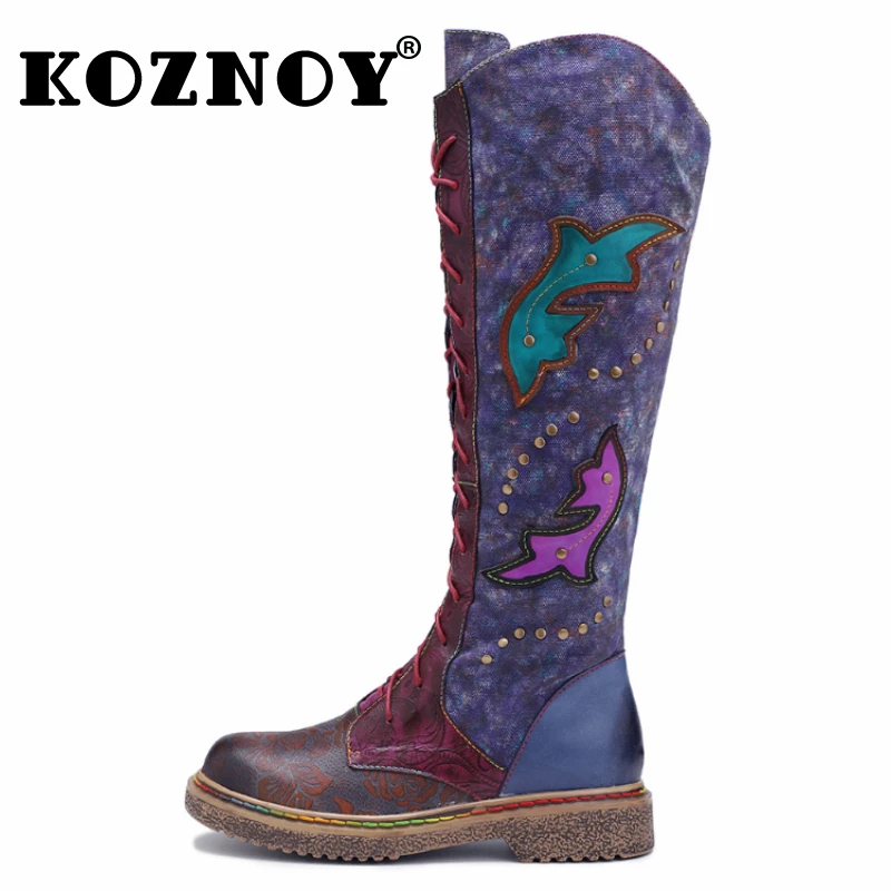 

Koznoy 4cm New Print Cotton Fabric Genuine Leather Boots Woman Ladies Flats Plus Size ZIP Autumn Spring Knee High Booties Shoes