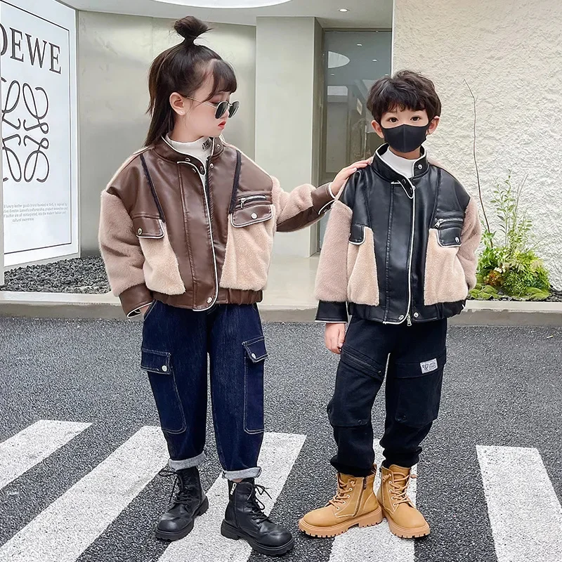 2023 Autumn Winter New Plush Leather Children’s Clothing Boys Warm Long Sleeve Lapel Coat Casual Girls Jacket CH154