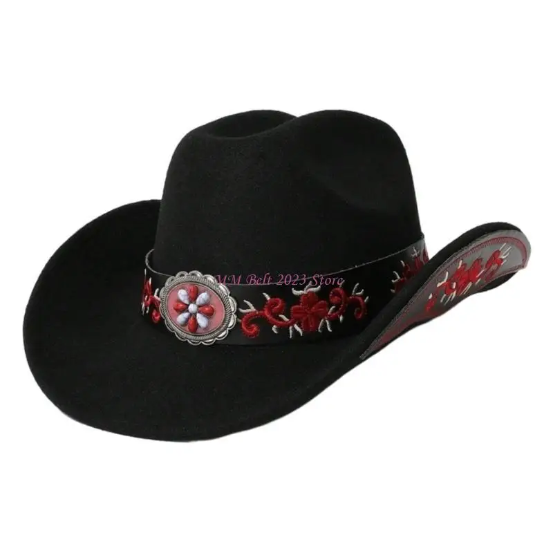 49ME Embroidered Flower Belt Hat Adult Stage Performances Bowler Hat Wool Cowboy Hat