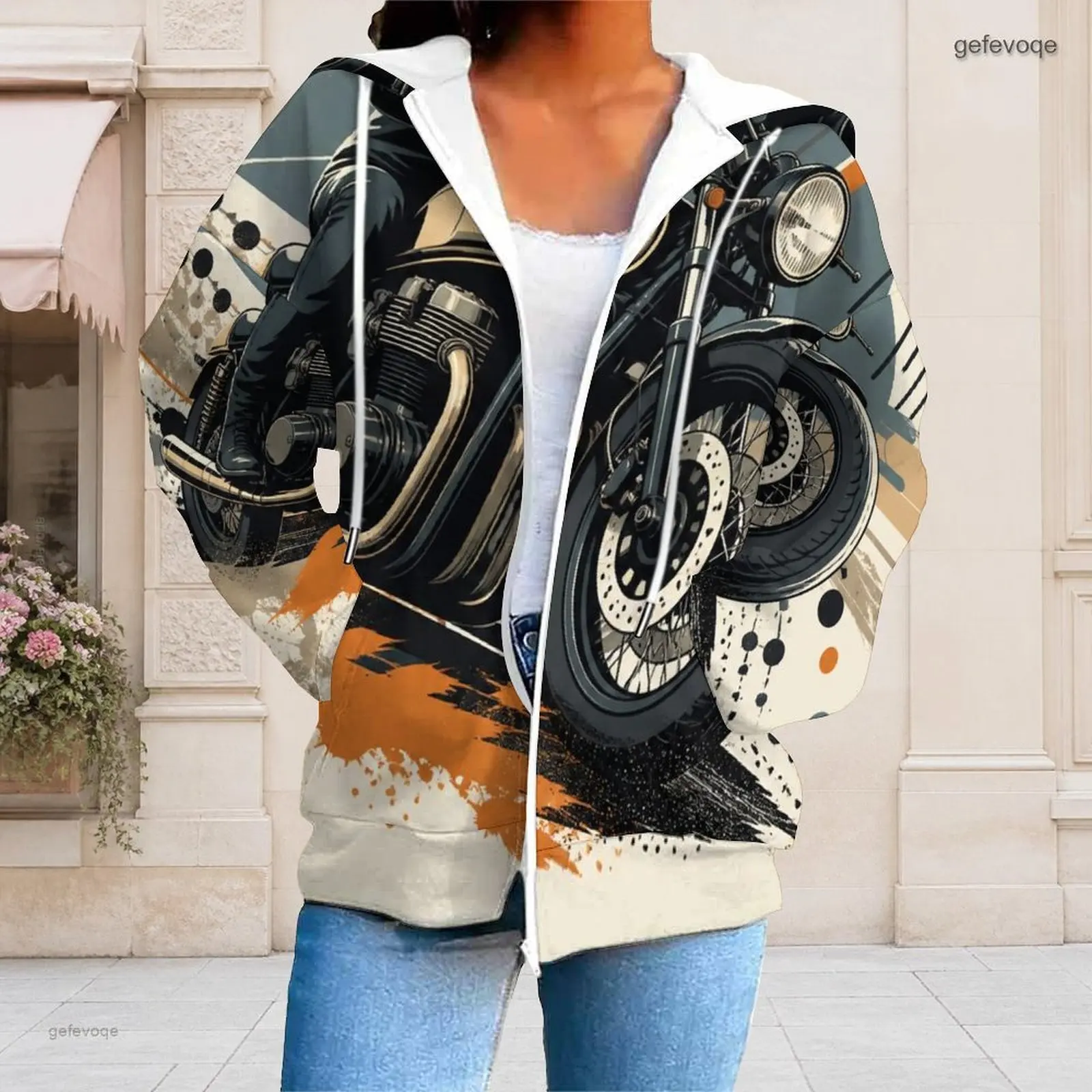 Women Stylized Cartoon Car Abstract Geometric Print Zip Up Long Sleeve Hoodie with Pockets