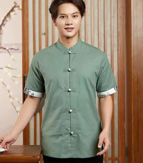 Chinese Chef Uniform Green Tops Men Restaurant Shirt Summer