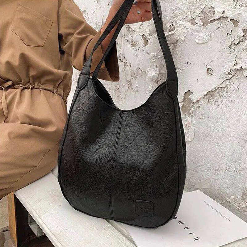 Large Capacity Vintage Leather Tote Spacious Triple Compartments Premium Vegan Leather Soft Hobo Bag Water-resistant Surface