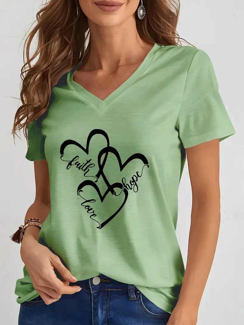 Funny Love 3D Print Women's T-Shirts Fashion V-neck Short Sleeve Tops Daily Casual Girl T shirt Summer Loose Tee Ladies Clothing view 2