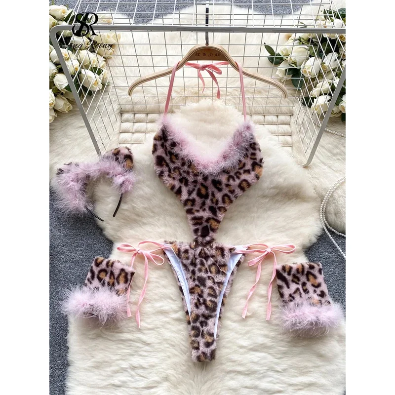 

SINGREINY Leopard Sensual Erotic Bodysuits Lingerie Hollow Out Lace Up Sheath Romeprs Halter Backless Wool Sweet Sexy Playsuit