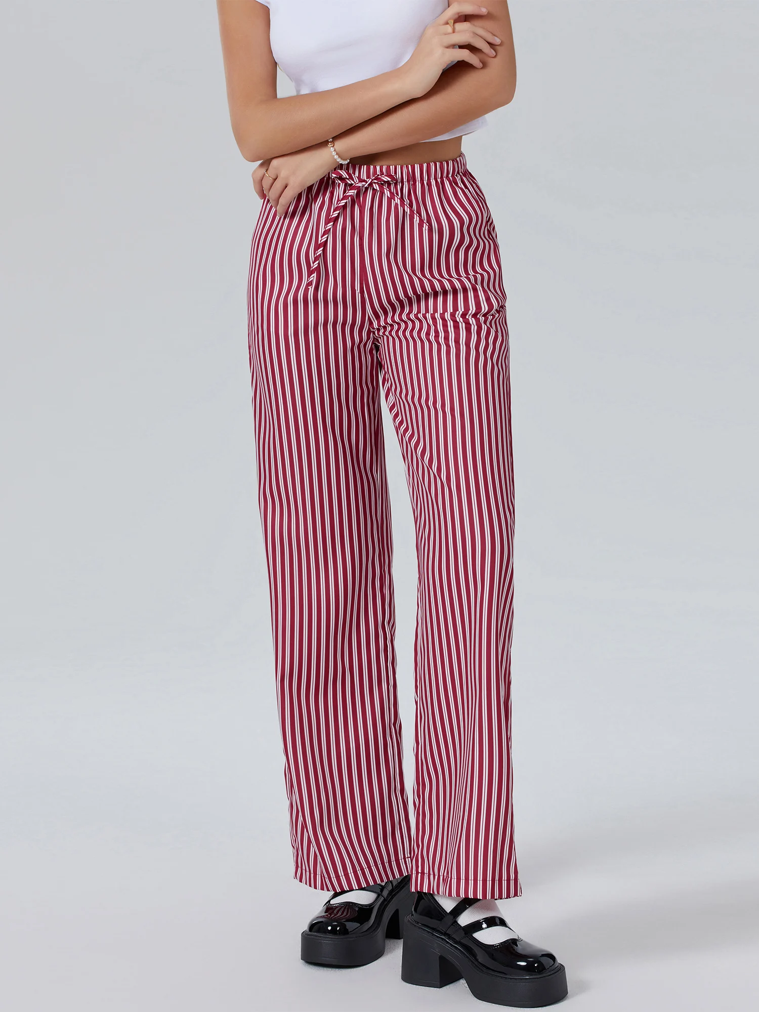 

wsevypo Autumn Stylish Drawstring Long Pants Women Casual Elastic Waist Straight Leg Trousers with Pockets Plaid/Stripe Bottoms