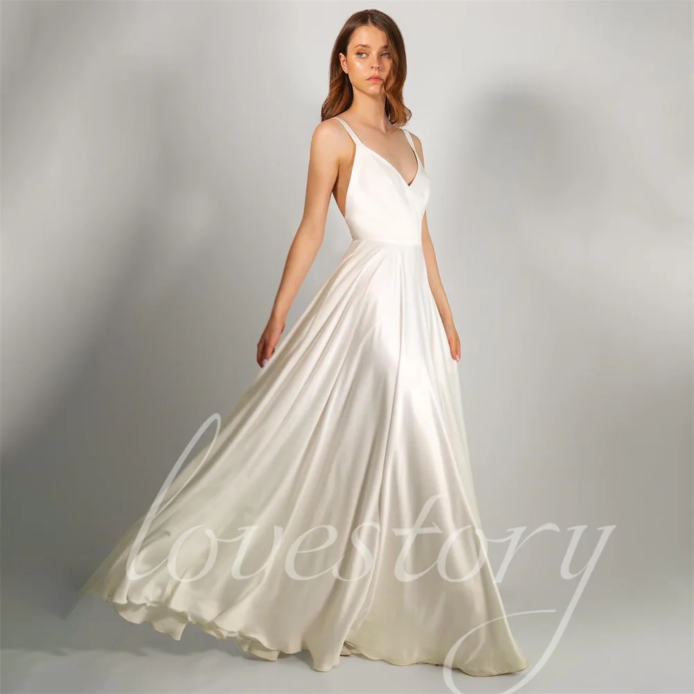 

Elegant A Line Satin Wedding Dresses Sexy Openback Bridal Gowns Bride Robes V Neck Vestidos De Novia Cocktail Dress